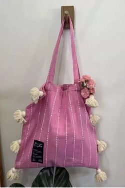 Korean-Style Multi-Color Tassel Shoulder Bag - Unique Artistic Striped Underarm Canvas Bag for Casual Outfits