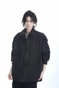 Korean Style Oversized Black Long Sleeve Shirt for Women - High-End Casual Autumn Top with "Sit and Eat Until the Mountains Are Empty" Design