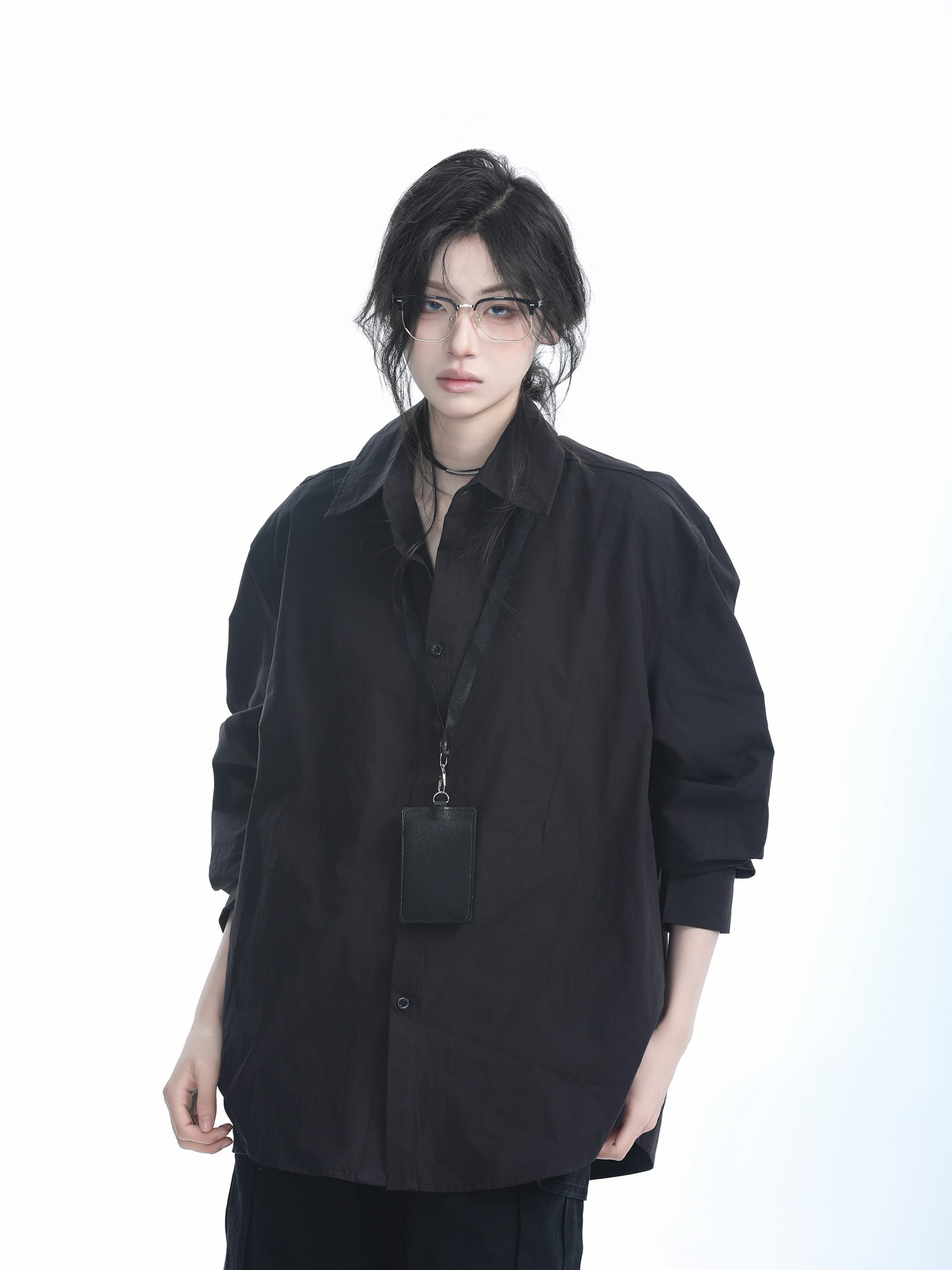 Korean Style Oversized Black Long Sleeve Shirt for Women - High-End Casual Autumn Top with "Sit and Eat Until the Mountains Are Empty" Design Korean Style Oversized Black Long Sleeve Shirt for Women - High-End Casual Autumn Top with "Sit and Eat Until the Mountains Are Empty" Design