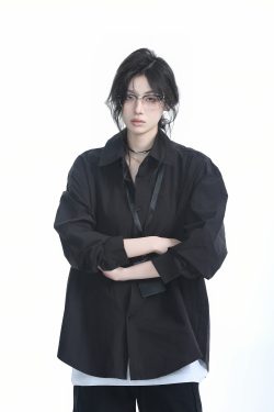 Korean Style Oversized Black Long Sleeve Shirt for Women - High-End Casual Autumn Top with