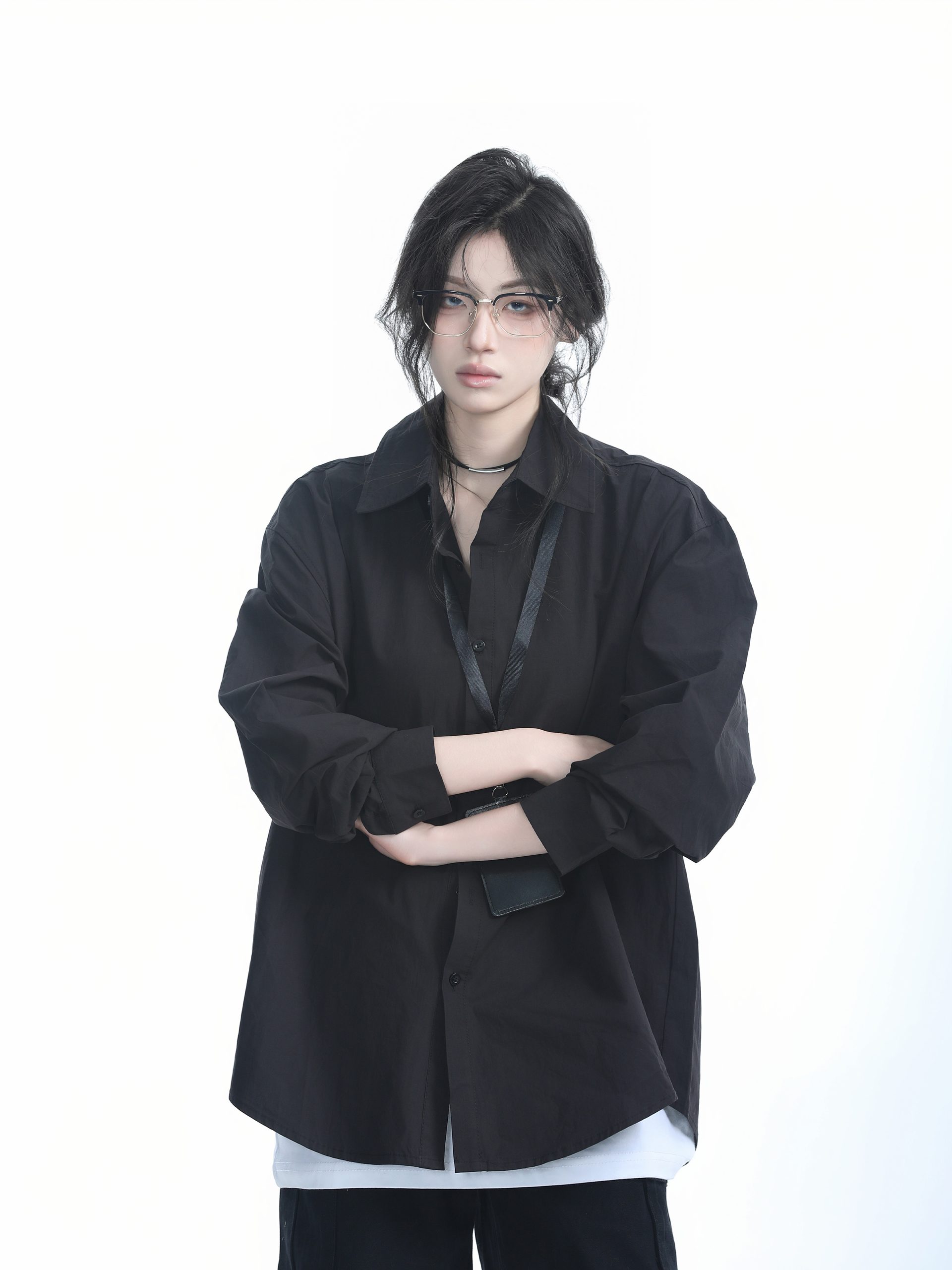 Korean Style Oversized Black Long Sleeve Shirt for Women - High-End Casual Autumn Top with "Sit and Eat Until the Mountains Are Empty" Design Korean Style Oversized Black Long Sleeve Shirt for Women - High-End Casual Autumn Top with "Sit and Eat Until the Mountains Are Empty" Design
