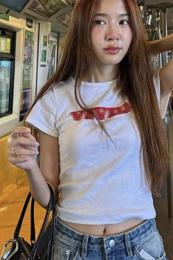 Korean Style Phantom Letter Print Short Sleeve Slim Fit Pure Cotton T-Shirt for Women - Trendy Casual Fashion Top