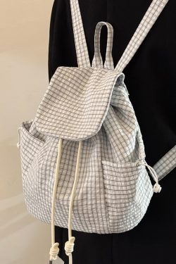 Korean-Style Plaid Drawstring Backpack - Large Capacity Lightweight Nylon Student Commuter Bag