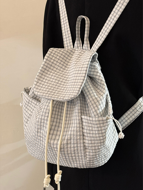 Korean-Style Plaid Drawstring Backpack - Large Capacity Lightweight Nylon Student Commuter Bag Korean-Style Plaid Drawstring Backpack - Large Capacity Lightweight Nylon Student Commuter Bag