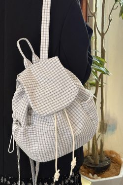 Korean-Style Plaid Drawstring Backpack - Large Capacity Lightweight Nylon Student Commuter Bag