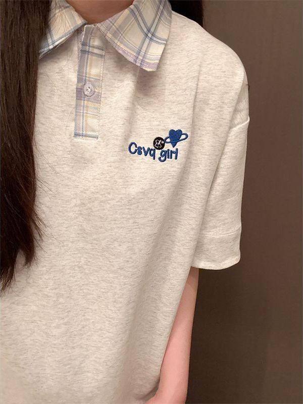 Korean-Style Plaid Spliced Polo Collar Embroidered Short Sleeve T-Shirt for Women - Summer College Couple Design Top Korean-Style Plaid Spliced Polo Collar Embroidered Short Sleeve T-Shirt for Women - Summer College Couple Design Top