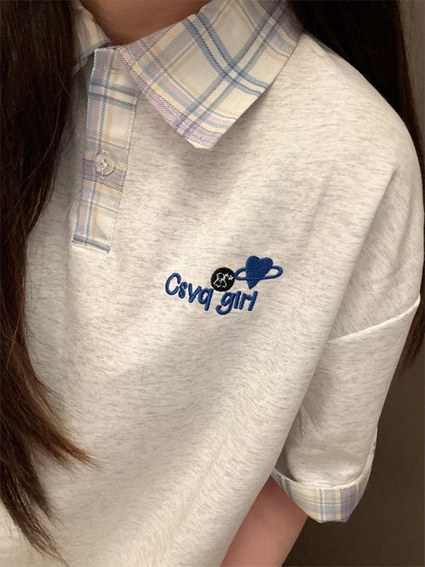 Korean-Style Plaid Spliced Polo Collar Embroidered Short Sleeve T-Shirt for Women - Summer College Couple Design Top Korean-Style Plaid Spliced Polo Collar Embroidered Short Sleeve T-Shirt for Women - Summer College Couple Design Top