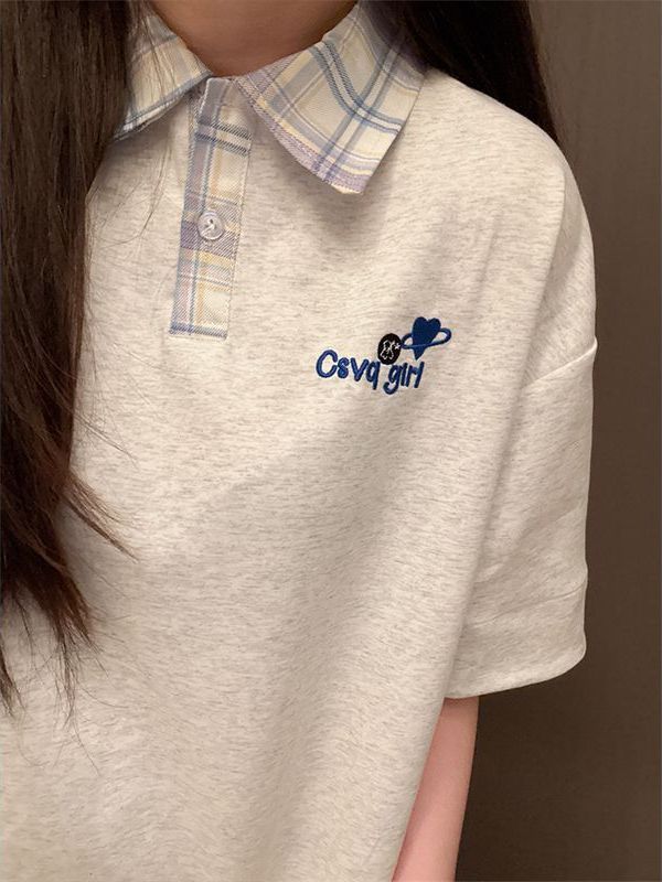 Korean-Style Plaid Spliced Polo Collar Embroidered Short Sleeve T-Shirt for Women - Summer College Couple Design Top Korean-Style Plaid Spliced Polo Collar Embroidered Short Sleeve T-Shirt for Women - Summer College Couple Design Top