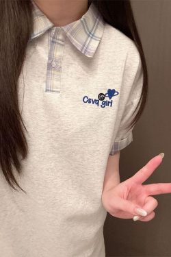 Korean-Style Plaid Spliced Polo Collar Embroidered Short Sleeve T-Shirt for Women - Summer College Couple Design Top