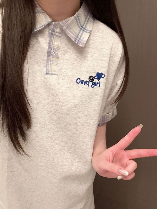 Korean-Style Plaid Spliced Polo Collar Embroidered Short Sleeve T-Shirt for Women - Summer College Couple Design Top Korean-Style Plaid Spliced Polo Collar Embroidered Short Sleeve T-Shirt for Women - Summer College Couple Design Top