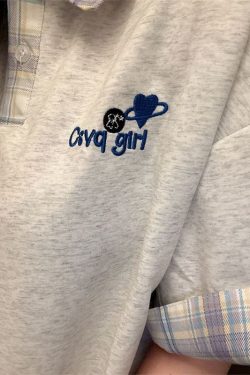 Korean-Style Plaid Spliced Polo Collar Embroidered Short Sleeve T-Shirt for Women - Summer College Couple Design Top