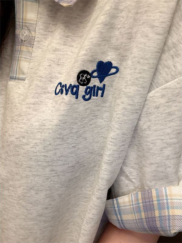 Korean-Style Plaid Spliced Polo Collar Embroidered Short Sleeve T-Shirt for Women - Summer College Couple Design Top Korean-Style Plaid Spliced Polo Collar Embroidered Short Sleeve T-Shirt for Women - Summer College Couple Design Top