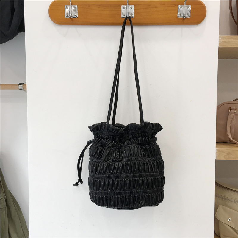 Korean Style Pleated Drawstring Shoulder Bag - Soft Leather Silver Bucket Bag for Chic Fashion Lovers Korean Style Pleated Drawstring Shoulder Bag - Soft Leather Silver Bucket Bag for Chic Fashion Lovers
