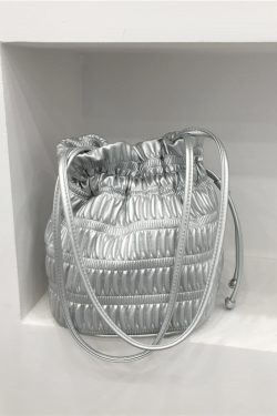 Korean Style Pleated Drawstring Shoulder Bag - Soft Leather Silver Bucket Bag for Chic Fashion Lovers