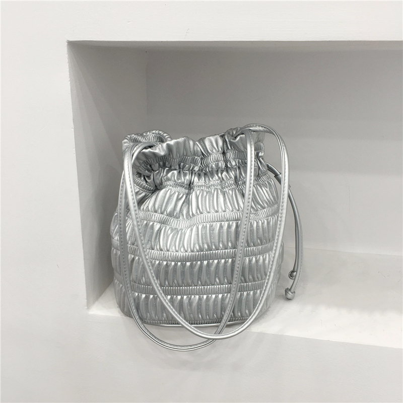Korean Style Pleated Drawstring Shoulder Bag - Soft Leather Silver Bucket Bag for Chic Fashion Lovers Korean Style Pleated Drawstring Shoulder Bag - Soft Leather Silver Bucket Bag for Chic Fashion Lovers