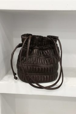Korean Style Pleated Drawstring Shoulder Bag - Soft Leather Silver Bucket Bag for Chic Fashion Lovers