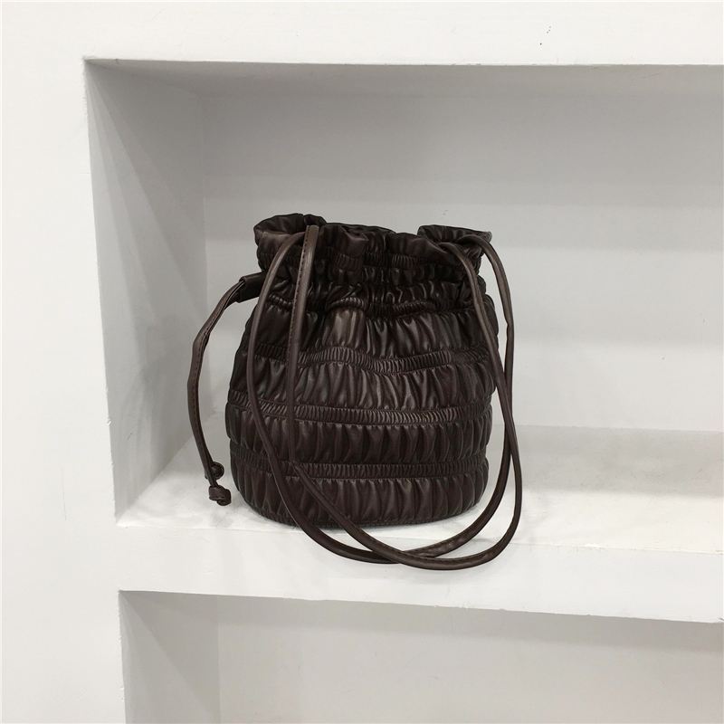 Korean Style Pleated Drawstring Shoulder Bag - Soft Leather Silver Bucket Bag for Chic Fashion Lovers Korean Style Pleated Drawstring Shoulder Bag - Soft Leather Silver Bucket Bag for Chic Fashion Lovers