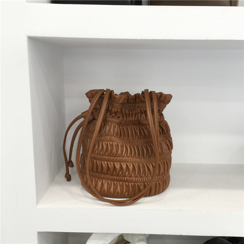 Korean Style Pleated Drawstring Shoulder Bag - Soft Leather Silver Bucket Bag for Chic Fashion Lovers Korean Style Pleated Drawstring Shoulder Bag - Soft Leather Silver Bucket Bag for Chic Fashion Lovers