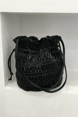 Korean Style Pleated Drawstring Shoulder Bag - Soft Leather Silver Bucket Bag for Chic Fashion Lovers