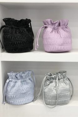 Korean Style Pleated Drawstring Shoulder Bag - Soft Leather Silver Bucket Bag for Chic Fashion Lovers