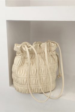 Korean Style Pleated Drawstring Shoulder Bag - Soft Leather Silver Bucket Bag for Chic Fashion Lovers