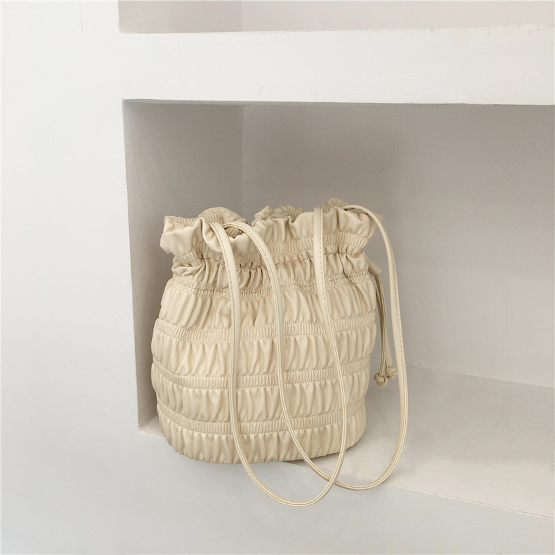 Korean Style Pleated Drawstring Shoulder Bag - Soft Leather Silver Bucket Bag for Chic Fashion Lovers Korean Style Pleated Drawstring Shoulder Bag - Soft Leather Silver Bucket Bag for Chic Fashion Lovers