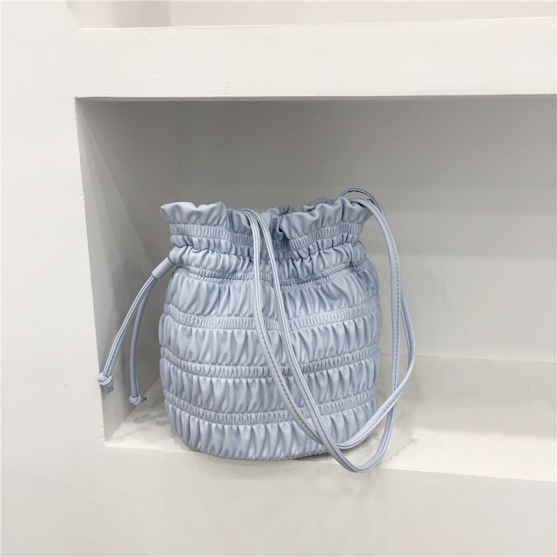 Korean Style Pleated Drawstring Shoulder Bag - Soft Leather Silver Bucket Bag for Chic Fashion Lovers Korean Style Pleated Drawstring Shoulder Bag - Soft Leather Silver Bucket Bag for Chic Fashion Lovers
