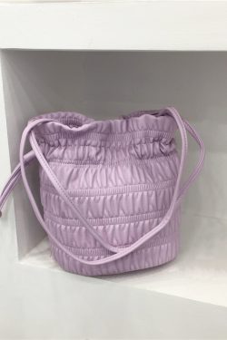 Korean Style Pleated Drawstring Shoulder Bag - Soft Leather Silver Bucket Bag for Chic Fashion Lovers