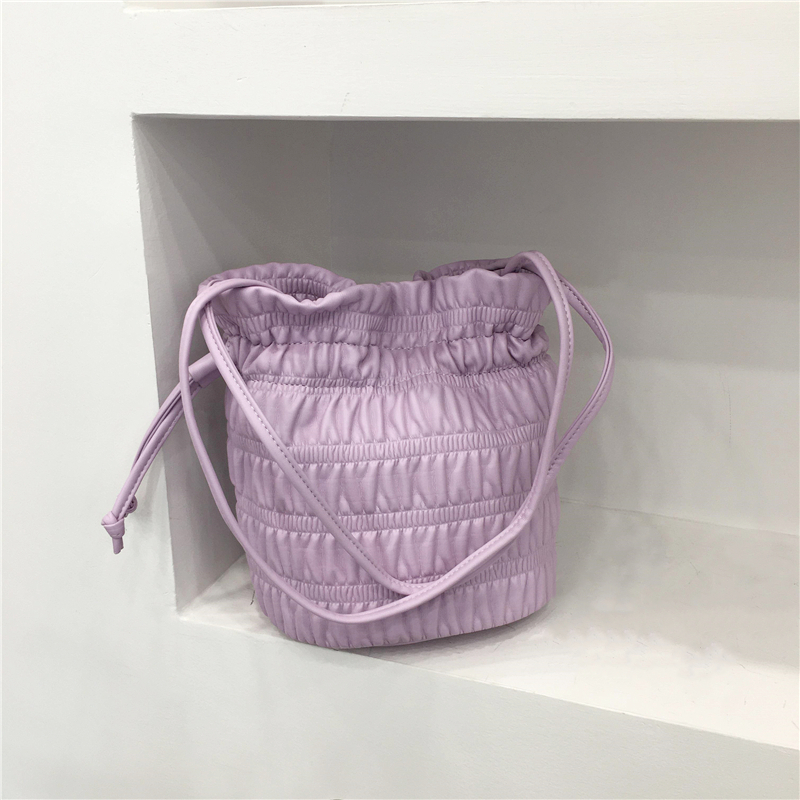 Korean Style Pleated Drawstring Shoulder Bag - Soft Leather Silver Bucket Bag for Chic Fashion Lovers Korean Style Pleated Drawstring Shoulder Bag - Soft Leather Silver Bucket Bag for Chic Fashion Lovers