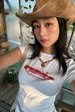 Korean Style Retro Car Print Short-Sleeve Fitted Slim Pure Cotton High-Stretch T-Shirt for Women