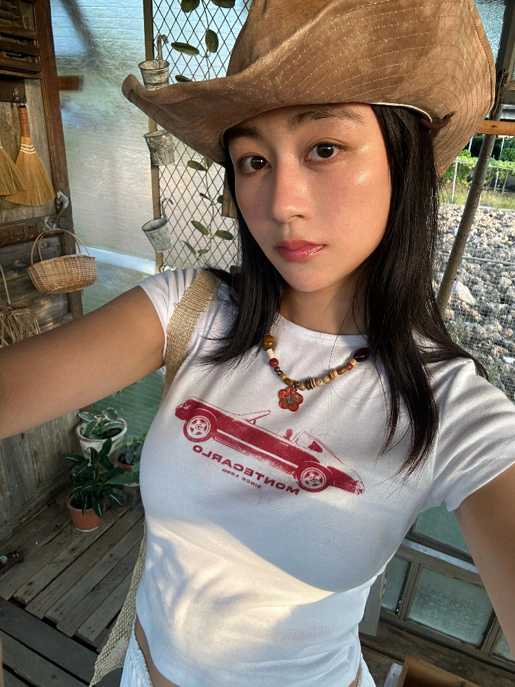 Korean Style Retro Car Print Short-Sleeve Fitted Slim Pure Cotton High-Stretch T-Shirt for Women Korean Style Retro Car Print Short-Sleeve Fitted Slim Pure Cotton High-Stretch T-Shirt for Women