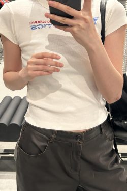 Korean Style Retro Distressed Letter Print Fitted Slim Cotton Short Sleeve T-Shirt - 25SS High-Stretch Fashion Top