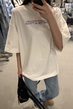 Korean Style Retro Distressed Letter Print Fitted Slim Cotton Short Sleeve T-Shirt - 25SS High-Stretch Fashion Top