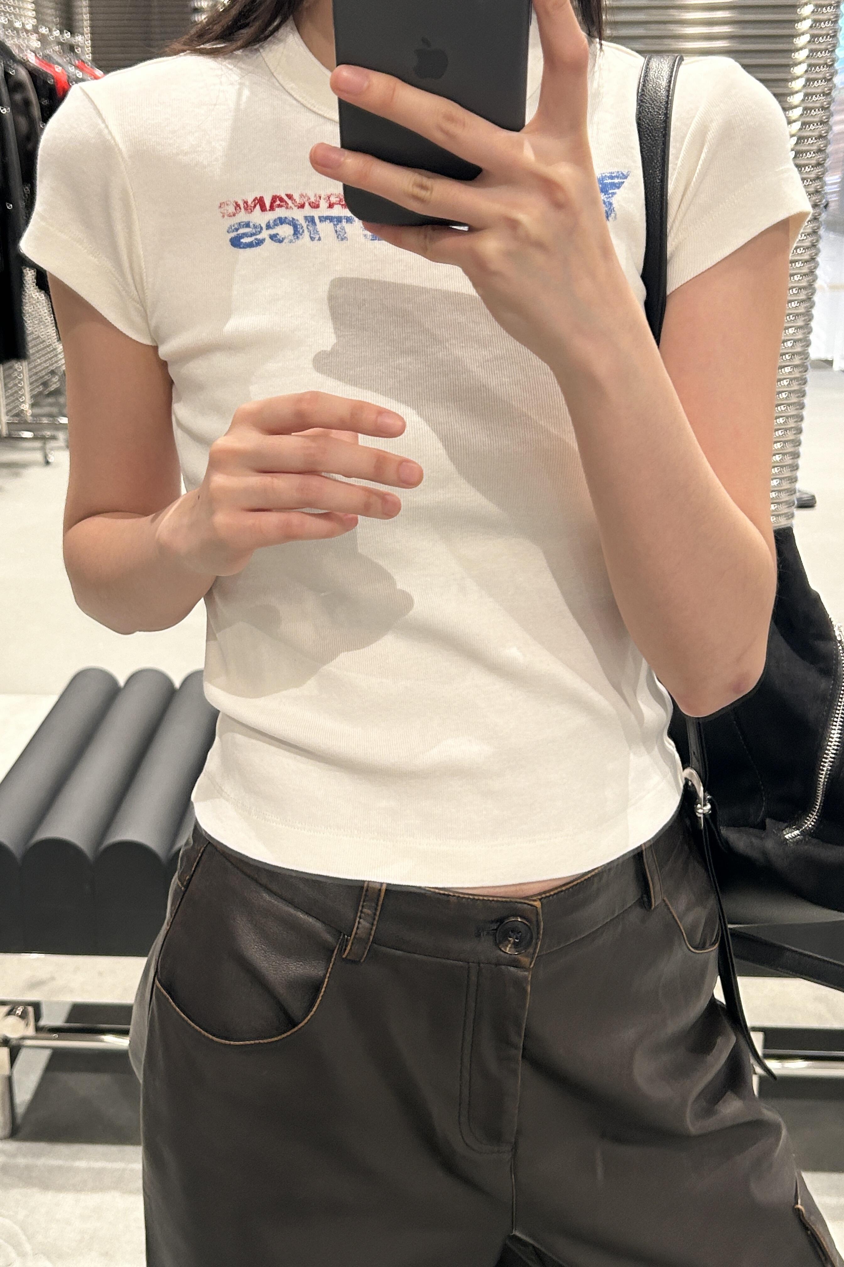 Korean Style Retro Distressed Letter Print Fitted Slim Cotton Short Sleeve T-Shirt - 25SS High-Stretch Fashion Top