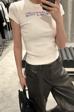 Korean Style Retro Distressed Letter Print Fitted Slim Cotton Short Sleeve T-Shirt - 25SS High-Stretch Fashion Top