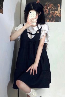 Korean-Style Retro Doll Collar Short Sleeve Suspender Dress - Sweet Two-Piece Look for Women, Perfect for Summer College Style