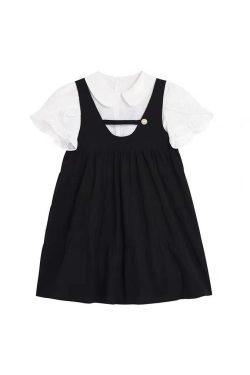 Korean-Style Retro Doll Collar Short Sleeve Suspender Dress - Sweet Two-Piece Look for Women, Perfect for Summer College Style