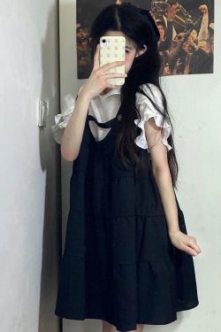 Korean-Style Retro Doll Collar Short Sleeve Suspender Dress - Sweet Two-Piece Look for Women, Perfect for Summer College Style