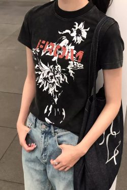 Korean Style Retro Floral Print Black Washed Slim Fit Cotton Short Sleeve T-Shirt for Women