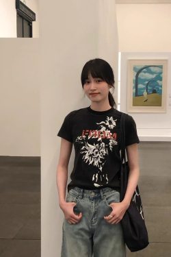 Korean Style Retro Floral Print Black Washed Slim Fit Cotton Short Sleeve T-Shirt for Women