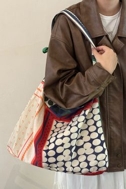 Korean-Style Retro Patchwork Polka Dot Canvas Tote Bag for Women, Large-Capacity Ethnic Shoulder Crossbody Bag