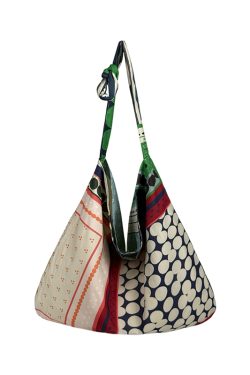 Korean-Style Retro Patchwork Polka Dot Canvas Tote Bag for Women, Large-Capacity Ethnic Shoulder Crossbody Bag