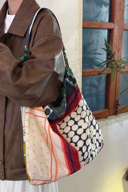 Korean-Style Retro Patchwork Polka Dot Canvas Tote Bag for Women, Large-Capacity Ethnic Shoulder Crossbody Bag