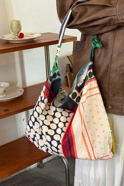 Korean-Style Retro Patchwork Polka Dot Canvas Tote Bag for Women, Large-Capacity Ethnic Shoulder Crossbody Bag