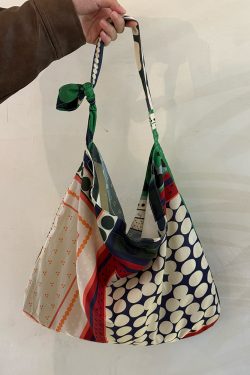 Korean-Style Retro Patchwork Polka Dot Canvas Tote Bag for Women, Large-Capacity Ethnic Shoulder Crossbody Bag