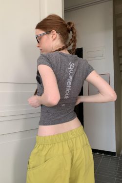 Korean Style Short-Sleeve Slim-Fit Cotton T-Shirt with Sports Letter Print for Women - High Stretch, Trendy Casual Wear