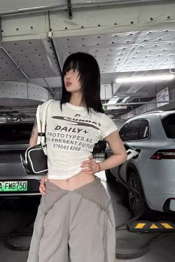 Korean Style Short Sleeve T-Shirt for Women, Slightly Sheer Bamboo Cotton, Sports Letter Print, Trendy Casual Top for Spicy Girls