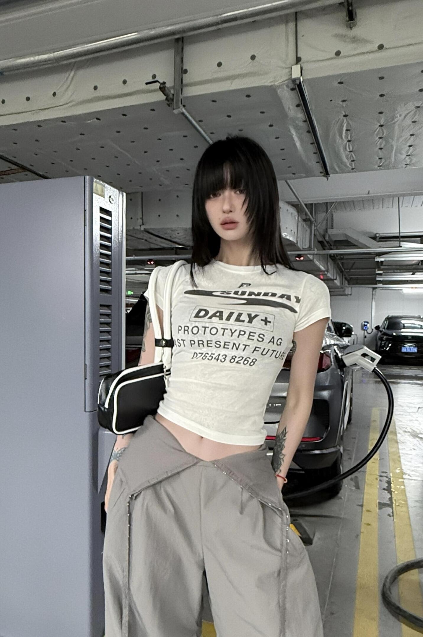 Korean Style Short Sleeve T-Shirt for Women, Slightly Sheer Bamboo Cotton, Sports Letter Print, Trendy Casual Top for Spicy Girls