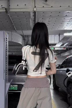 Korean Style Short Sleeve T-Shirt for Women, Slightly Sheer Bamboo Cotton, Sports Letter Print, Trendy Casual Top for Spicy Girls