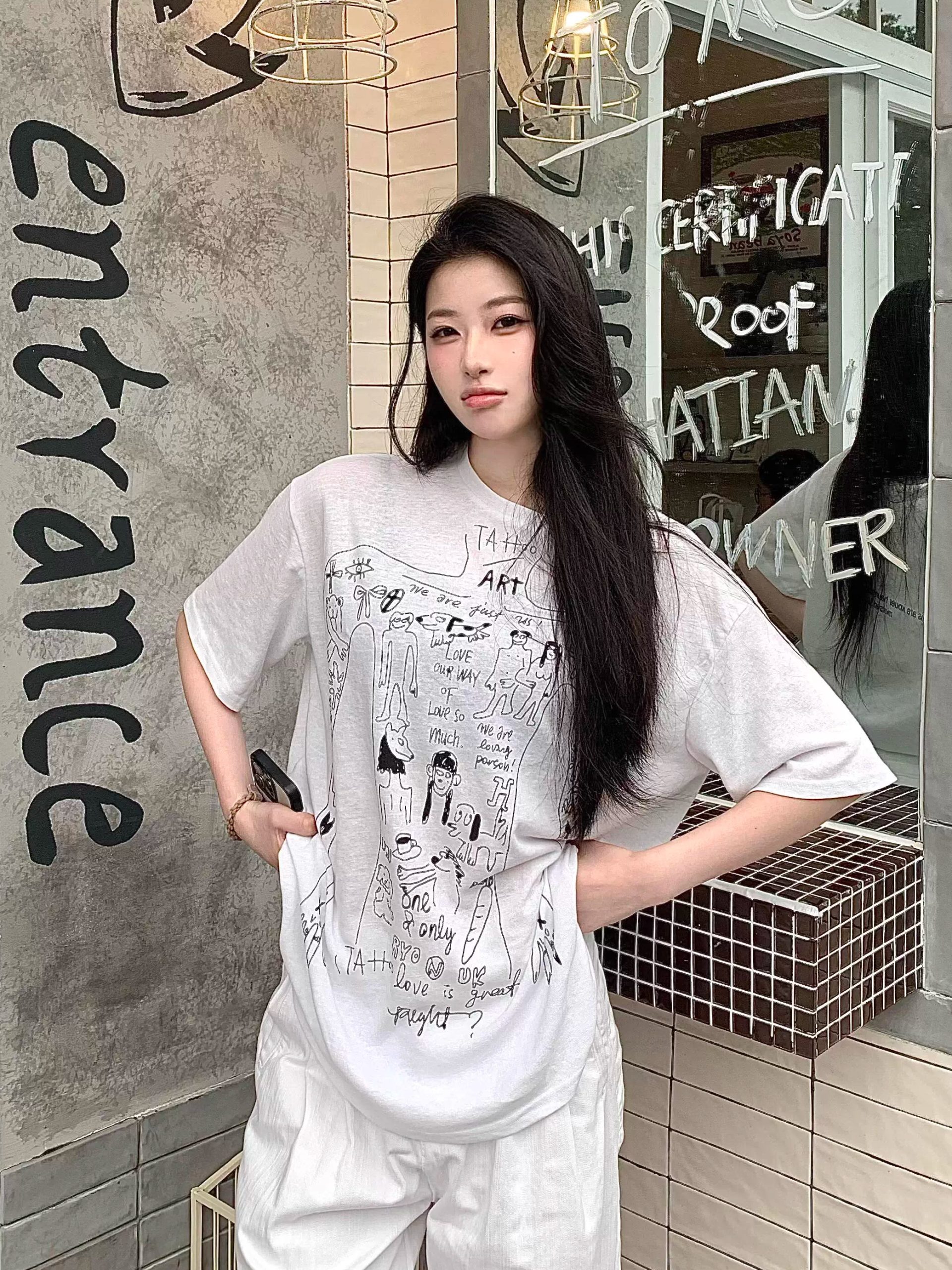 Korean Style Slightly Sheer Graffiti Print Sun Protection Loose Short Sleeve T-Shirt for Women - Casual Versatile Fashion Top Korean Style Slightly Sheer Graffiti Print Sun Protection Loose Short Sleeve T-Shirt for Women - Casual Versatile Fashion Top